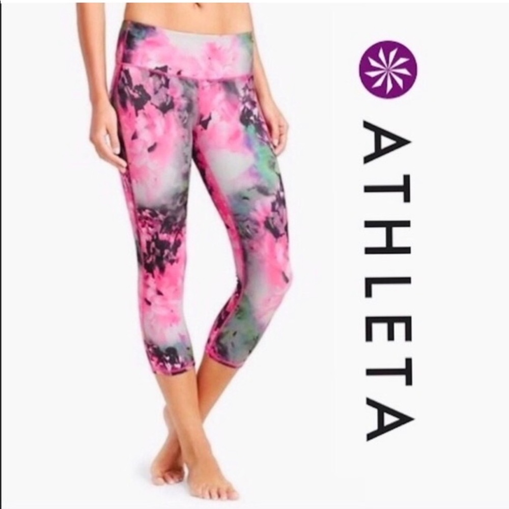 ATHLETA Chaturanga Bloom Floral Rose Leggings Pink Grey Small